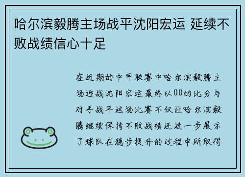 哈尔滨毅腾主场战平沈阳宏运 延续不败战绩信心十足