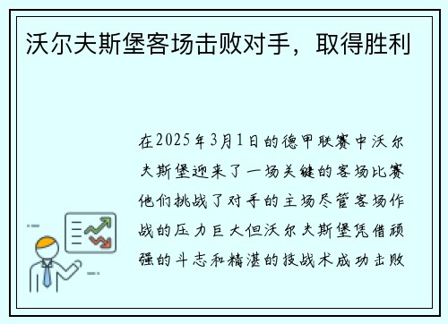 沃尔夫斯堡客场击败对手，取得胜利